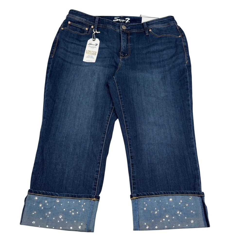 NEW Seven7 Boyfriend Capri Jeans Womens 16 Rhinestone Cuff Limited Edition NWT